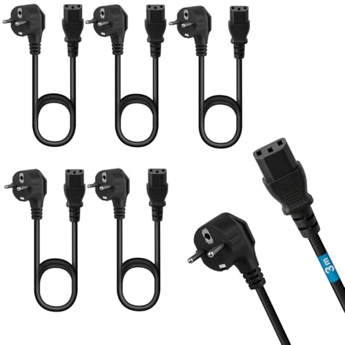 Lote de 5 Cables Cables de alimentación de 3 m para Dispositivos Enchufe CEE 7/7 Schuko a IEC 320 C13, para PC, Monitor, TV, Monitor de Ordenador, videoproyector, electrodomésticos