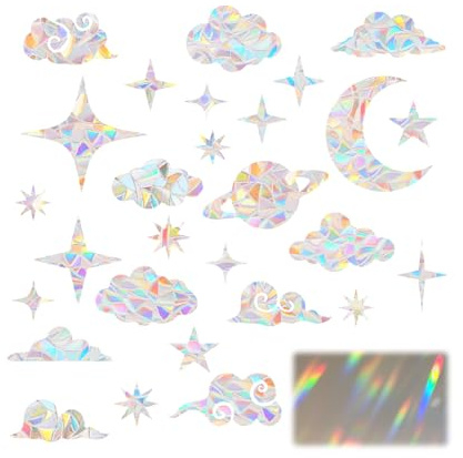 VOSSOT 28 Stück Prisma Fensteraufkleber, Sonnenfänger Fenster Suncatcher Sticker Regenbogen Folie Fenster Fensteraufkleber Vogelschutz Wolke Suncatcher Fenstersticker Fensterfolie für Zuhause Büro