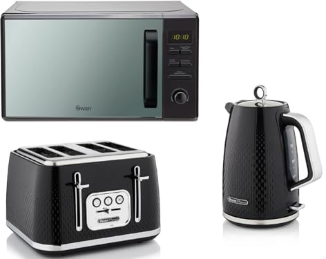 Swan Elegance Black 1.7L 3KW Kettle, 4 Slice Toaster & 20L 800W Digital Microwave SM4421BLK Contemporary Matching Kettle, Toaster & Microwave Set with a Premium Sleek Black Finish