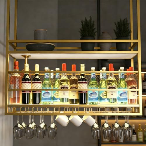 RAJYQODIS Hanging Wine Rack, Metal Hanging Wine Glass Rack, 2-Tier Bar Display Wine Storage Holder, for Bar Restaurant Cafe Kitchen (Gold, 120cm)