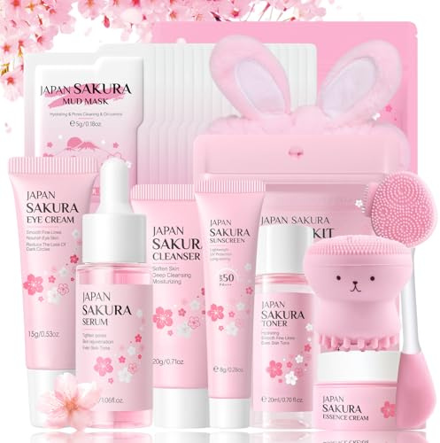 Set de Soins pour la Peau Sakura Cadeaux pour Femmes - Ensemble de Soins de la Peau - Ensemble de Soins du Visage Beauté pour Filles - Ensemble de Soins du Visage de Voyage Nettoyant & Nourrissant