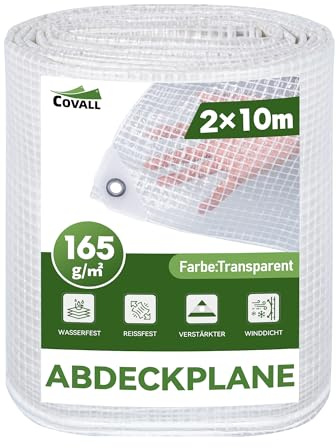 COVALL 2m x 10m Large Clear Tarpaulin Waterproof Heavy Duty, 165GSM Reinforced Transparent Tarp with Mesh Support Rubber Strengthened Corners - Tear-resistant Cover for Outdoor Garden Greenhouse