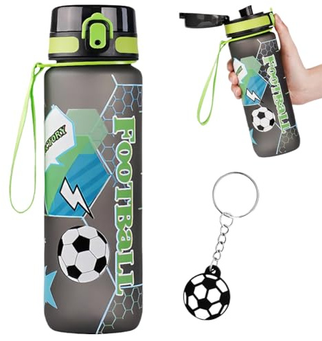 Borraccia da calcio da 1000 ml, con portachiavi da calcio, per bambini e adulti, senza BPA, motivo calcio, per gli appassionati di calcio, festa del calcio, regalo di compleanno per ragazzi e ragazze