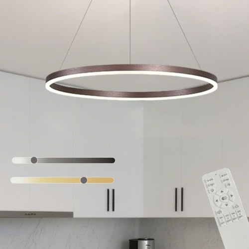 Jatwefiv Runde Moderne LED Hängeleuchte Ring Hängelampe 3000K-6000K Dimmbar Mit Fernbedienung Höhenverstellbar Pendellampe für Foyer Wohnzimmer Schlafzimmer Esszimmer,Braun