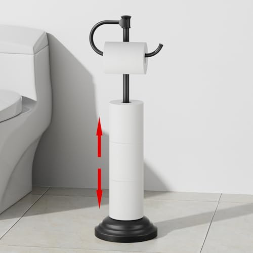 RUMOSE Toilet Paper Holder Stand for Floor, Matte Black Bathroom Free Standing Toilet Tissue Roll Holder with Storage, Adjustable 17-25 Inch, SUS304 Stainless Steel