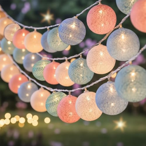GoldRock 3m 20 Led Kugel Lichterkette Kinderzimmer Mädchen Junge, Lichterkette Kugeln, Baumwollkugeln Lichterketten Innen Kinderzimmer, Weihnachten,Bett,Hausbett Hochzeit Lichterketten Bälle Rosa Grün