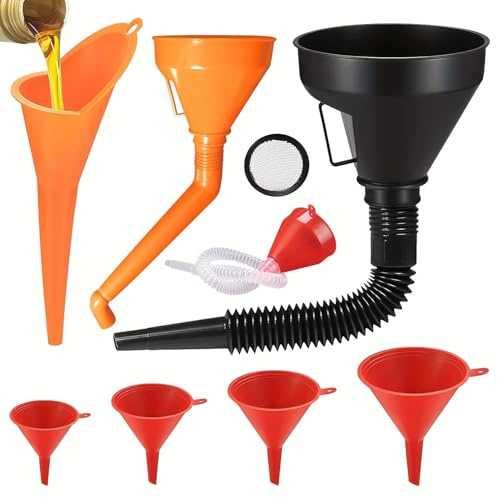 Mautopily 10 Pcs Funnel Set for Car with Detachable Hose and Filter | Flexible Long Neck/Right Angle/Wide Mouth Funnels for Workshop Motorcycle Oil Household Liquid Transfer