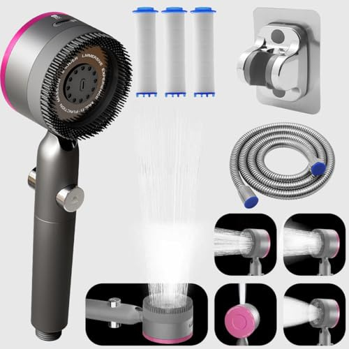High Pressure Shower Head, 4 Spray Modes Shower Heads with 1.5M Shower Hose, Hard Water Filter Showerhead with ON/Off Switch, Handheld Massage Powerful Shower Head for Chlorine Remove, Purplish Grey