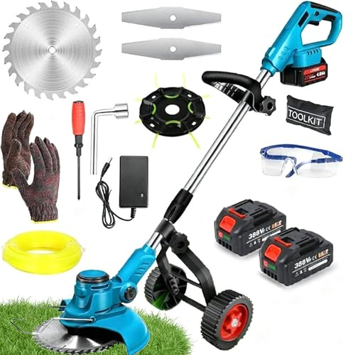 Desbrozadora eléctrica inalámbrica, con ruedas, 23000 RPM, 1300 W, corte de borde inalámbrico con 2 baterías de 2000 mAh, y 2 tipos de cuchillas, diámetro de corte de 15 cm, para jardín, céspedes