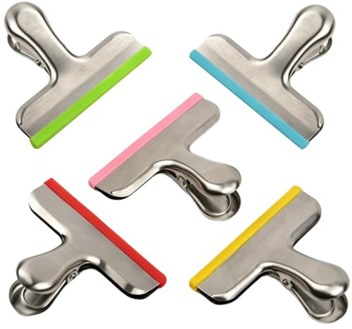 VAOLOAV Lot de 5 clips de fermeture pour sacs alimentaires en acier inoxydable avec bandes en silicone pour café, pain, collation, céréales (jaune, rouge, bleu, vert, rose)