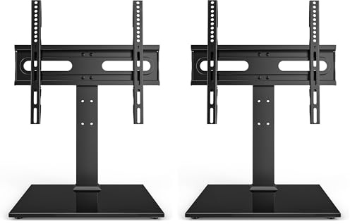 Universal TV Stand - Table Top TV Stand for 27-60 inch LCD LED TVs - 9 Level Height Adjustable TV Base Stand with Tempered Glass Base & Wire Management, VESA 400x400mm (Pack of 2)