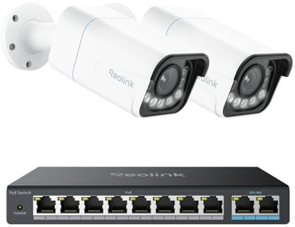 Reolink 4K Smarte PoE IP Kamera Outdoor mit Personen-/Autoerkennung, 5X optischer Zoom Überwachungskamera Aussen, Spotlight, Farbige Nachtsicht, Zwei-Wege-Audio, RLC-811A*2 mit PoE Switch