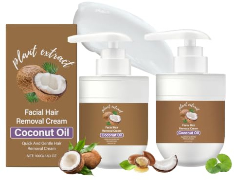2pcs Coconut Oil Facial Hair Remover Cream for Women, Gentle Depilatory Hair Removal Cream, Quick & Easy Hair Removal for Upper Lip, Chin & Face,Body & Facial Hair Remover for Women