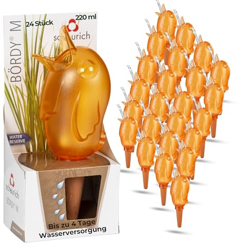 Scheurich Wasserspender Bördy M | 24 x Orange | 220ml Füllmenge | Bewässerungskugel klein mit Ton Fuß | Wasserspender Pflanzen und Blumen Terrakotta Stiel