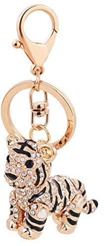 Niedlicher Tiger Schlüsselanhänger - Metall mit Glitzernden Kristallen und Strass - Weiß, 10.5cm Länge - Perfekt für Handtaschen