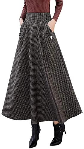 Long Skirts for Women Fall Winter Pleated Plaid Skirts with Pockets (Medium, Coffee)