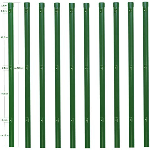 10x Metallzaunpfosten Ø34 mm, 120 cm, Pulverbeschichtet RAL 6005 Moosgrün, inkl. 3 Spanndrahthalter & Pfostenkappe, für Maschendrahtzaun bis 1 m, Garten, Tiergehege, Zubehör erhältlich