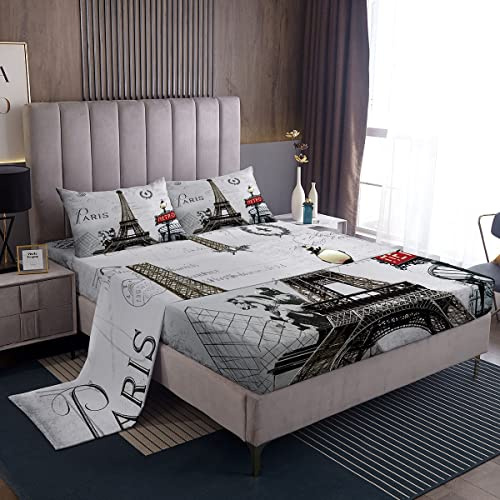 Set di biancheria da letto per ragazzi e ragazze, motivo Torre Eiffel, camera da letto, paesaggio urbano retrò di Parigi, biancheria da letto in stile francese vintage morbido, grigio