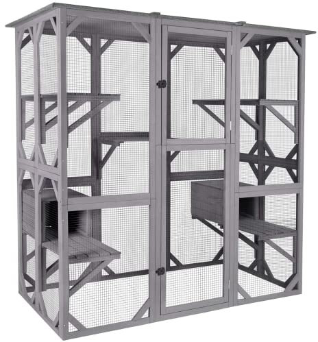 Katzenhaus Outdoor Catio Kitty Gehege mit super großer Eingangstür, Holz-Katzenkäfig Condo Indoor-Laufstall mit Plattformen und kleinem Haus