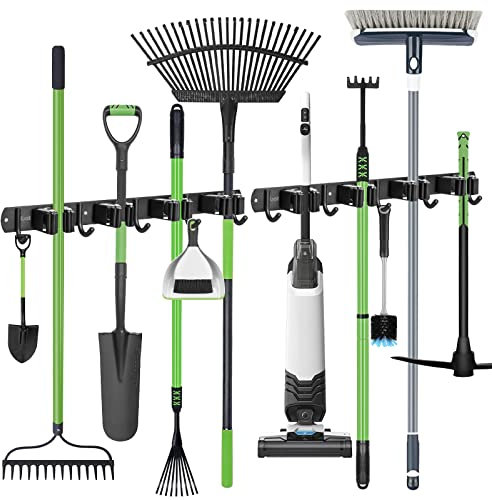 2 Stück Besenhalterung Wand, ibell Gerätehalter Edelstahl mit 4 Halter und 5 Haken, Gartengerätehalter Wandhalterung Mopphalter Selbstklebend Werkzeughalter Wandhaken für Badezimmer Garten Garage