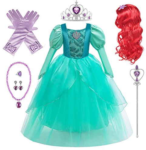 Emin Kinder Meerjungfrau Kostüm mit Accessoires und Perücke Mädchen Ariel Prinzessin Verkleidung Weihnachten Geburtstag Party Halloween Karneval Cosplay Prinzessin Kleid Grün, 130