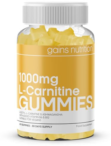 GN Acetyl L Carnitine Gummies | 60 L-Carnitine Gummies for Men & Women - 1000mg Acetyl-L-Carnitine per Serving with Ashwagandha, Vitamins B6, B12 | Mango Flavour, Non-GMO & Suitable for Vegans