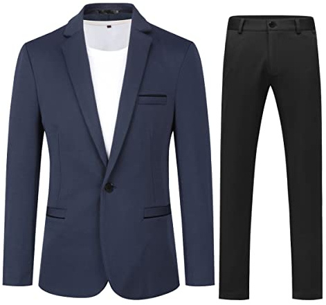 Allthemen Slim Fit Costard 2-delad herrkostym med en knapp business för bröllop, Marinblå (svart byxa), M