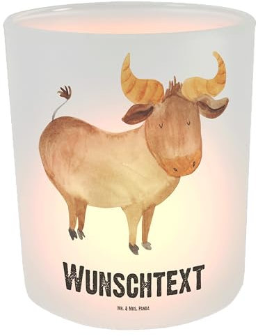 Mr. & Mrs. Panda Personalisiertes Windlicht Sternzeichen Stier - Personalisierte Geschenke, Kerzengläser, mit Namen, Geburtstag April, Rind, Windlichter für Teelichter, Mai, Windlichtgläser, Windglas