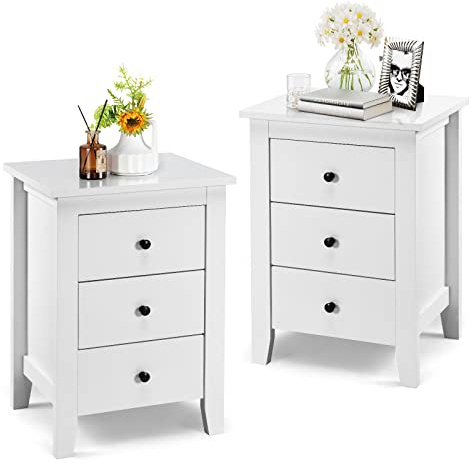 KOMFOTTEU Mesita de Noche con 3 Cajones, Mesilla Auxiliar de Almacenamiento para Dormitorio, Cómoda de Madera de Estilo Moderno, Mueble con Cajones para Salón, Pasillo, 46 x 37 x 65 cm (Blanco X 2)
