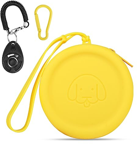 FIDWALL Bolsa de Silicona para golosinas para Perros,con clicker para Perros,Caminar para Mascotas para Perros y Gatos,tamaño de Bolsillo,fácil de Limpiar,diseño de Cremallera(Amarillo)