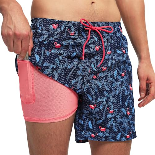 Aisprts Badshorts för män, badbyxor med kompressionsfoder, 2-i-1, snabbtorkande, stretchiga, för män, brädshorts med 2 fickor med dragkedja, Flamingomönster, XXL