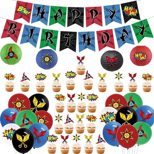 Kreatwow Ninja Geburtstag Deko Warrior Master Themed Birthday Party Boy | Blue Green Black Red Geburtstag Deko, Ninja Happy Birthday Banner, Cupcake Toppers, Papierlaternen, Krieger Party