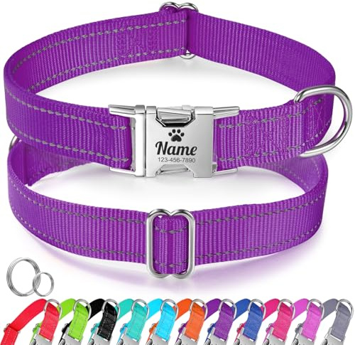 Personalisiertes Hundehalsband für mittelgroße Hunde – Reflektierendes Hundehalsband aus Nylon mit eingraviertem Namen und Telefonnummer, verstellbares Haustierhalsband