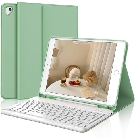 Funda Teclado para iPad 6/5 Generacion 9.7/Air 2/Air 1/Pro 9.7 Pulgadas | Capa Keyboard QWERTY Español Ñ, Bluetooth Magnético Desmontable Recargable Teclado con Portalápices, Verde claro