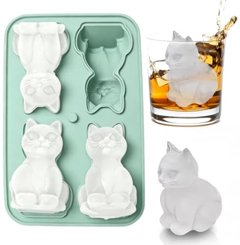 Plstod Eiswürfelform mit Deckel, Silikonform Katze, Eiswürfelform Groß, 4-Fach Eiswürfel Form, Wiederverwendbare Eiswürfel, Silikon Eiswürfelform für Cocktail Whisky Obst Wein Kaffee (GrüN)