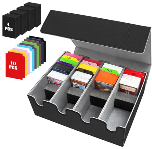 Scatola per Carte per Oltre 2800+ Carte, Scatole per Carte Collezionabili con 24 Divisori Colorato, Scatole per Mazzi Magnetici Premium, Custodia in pelle PU per Carte Magic the Gathering(Nero Grigio)