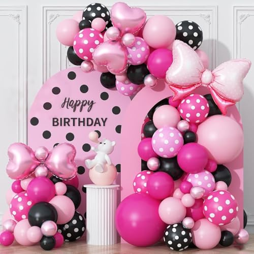 Hot Pink and Black Balloons Arch Pastel Pink Mouse Balloons Garland with Bow Heart Foil Balloon Birthday Party Decorations White Dot Latex Balloon Baby Bridal Shower Supplies