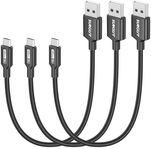 SUNGUY Lot de 3 câbles micro USB courts de 0.3m, charge rapide, synchronisation de données USB 2.0, en nylon tressé pour Samsung Galaxy S7 Edge S6, téléphone Android, PS4, clé TV (Noir)