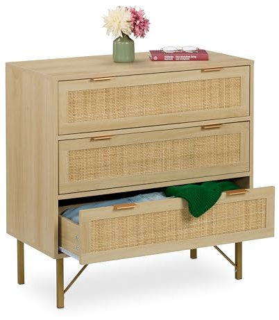 Relaxdays Kommode, 3 Schubladen, Rattan- & Holzoptik, HBT 80 x 80 x 42 cm, Wohnzimmer, Flur, Kommodenschrank, Natur/Gold | HBT 80 x 80 x 42 cm, Wohnzimmer, Flur, Kommodenschrank