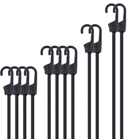 VirtuGro 12Pcs Bungee Cords with Hooks 30/45/60/90cm Heavy Duty Elastic Bungee Straps with Hooks Short Long Bungees with Hooks for Caravan RVs Trunks Camping Gear Tarps Garden Furniture Trailers