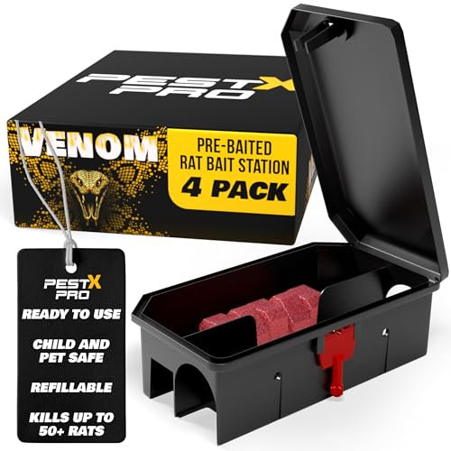 Pest X Pro Venom – 4X Pre-Baited Rat Poison Bait Box, Ready-To-Use, Professional Grade, Rat Poisoning Super Strength For Indoor & Outdoor Infestations, Safe & Effective Rat Traps