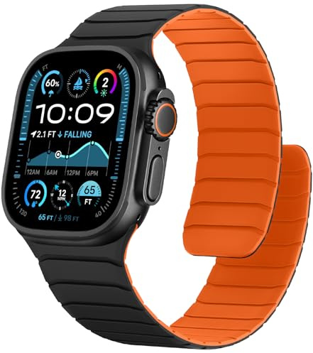 Sixmoat Magnetic Silicone Straps Compatible with Apple Watch 49mm 46mm 45mm 44mm 42mm, Sport Wristband for Men Women Compatible with iWatch Ultra3 2 1 SE Series 11 10 9 8 7 6 5 4 3, Black-Orange