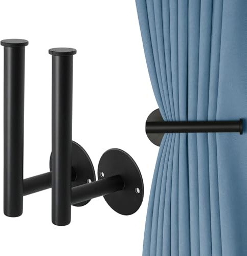 2 Pack Curtain Holdbacks, Self Adhesive Curtain Tie Backs, No Drill Metal Black Curtain Tie Backs, Modern Wall Mount Curtain Hooks Holder for Home Decor Living Room Bedroom