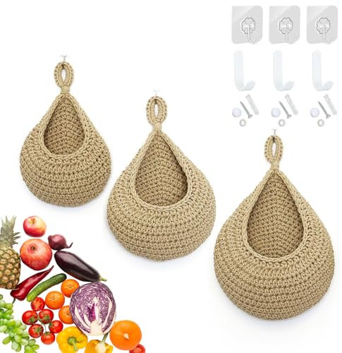 3 Pièces Panier Suspendu Rangement Cuisine, Corbeille à Fruits Suspendue, Panier Mural Fait Main Tressée avec Crochets, Organisateur de Cuisine Murale, Corbeille Tissé pour Fruits, Légumes (Brun)