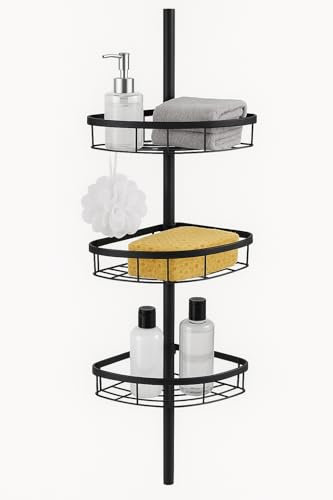 RANRHA Adjustable Corner Shower Caddy with Tension Pole – 3-Tier Rustproof Organizer Shelf for Bathroom Storage, Extendable Height 145–250 cm, Black Metal Shower Rack with Hooks & Baskets