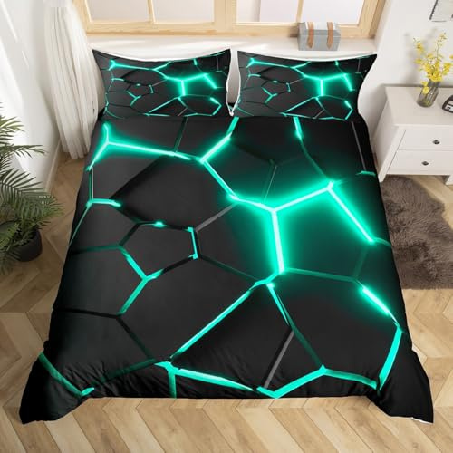 Homemissing Nid d'abeille Housse de Couette Noir Vert Turquoise Hexagonal Parure de Lit 220x240cm Ruche Géométrique Ensemble de Literie Microfibre Plaid Réticulé Décor de Chambre Housse Couette