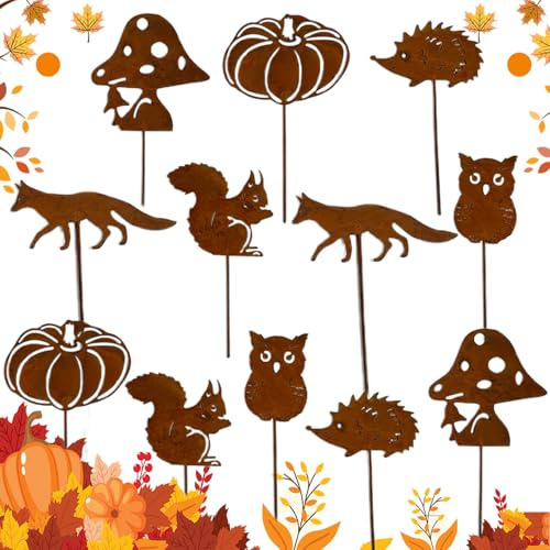 12 Stück Gartenstecker Rost Herbstdeko,Rost Gartenstecker für Herbstdeko Draußen Herbst Rost mit Igel Eule Pilz Roststecker Metall Beidseitig Eichhörnchen Fuch Kürbis für Blumentopf Terrasse,Erntedank