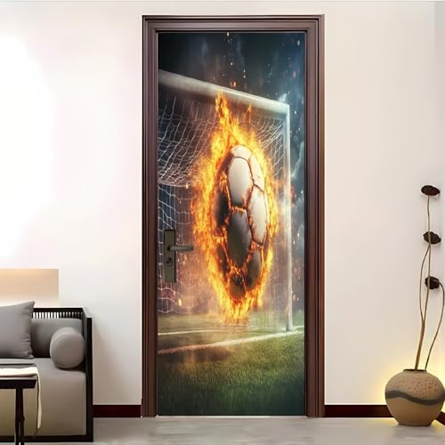 3D Kreative Türaufkleber 77x200 cm Sport Flamme FußBall Türfolie Selbstklebend - Wasserdicht Abnehmbare Vinyl Fototapete Türposter, GrüNer FußBallplatz DIY Türtapete Selbstklebend für Innentüren