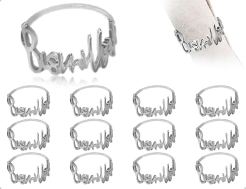 AOYEGIC 12 Stück Serviettenringe,Vintage Metall Alphabet Serviette Schnallen Halter,Tischdekoration,verwendet für Familie Hochzeit Party Ramadan(Silber)