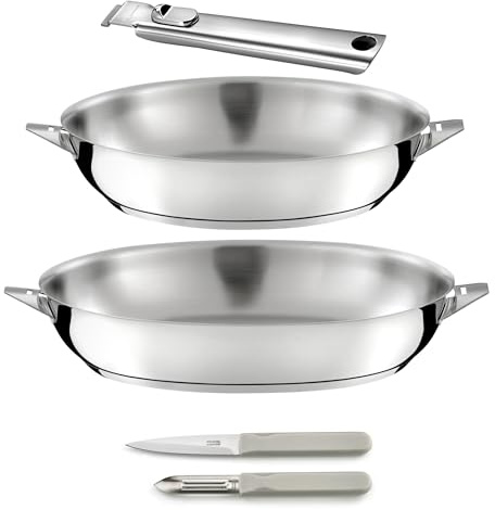 Cuisinox Eclipse - Juego de cocina y cuchillos, sartenes de 24/28 cm de acero inoxidable, pelador y cuchillo multiusos, mango extraíble acero inoxidable, para todas las cocinas, incluida inducción